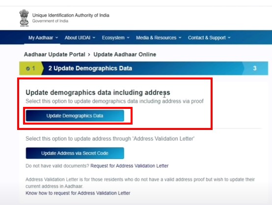 Update Demographic Data Including Address , Aadhar Card Correction